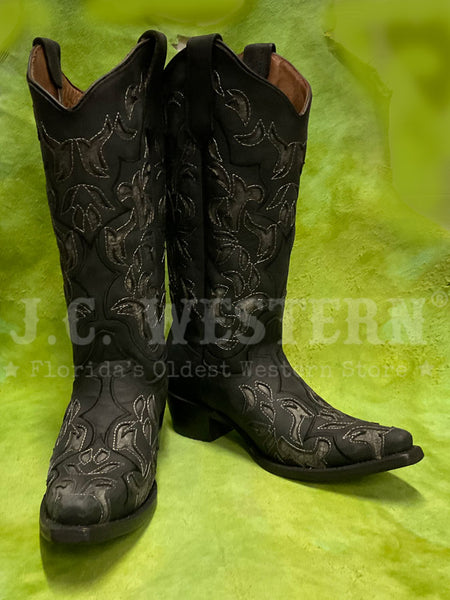 Circle G L6033 Ladies Inlay & Embroidery Boot Black And Grey front and inner side view. If you need any assistance with this item or the purchase of this item please call us at five six one seven four eight eight eight zero one Monday through Saturday 10:00a.m EST to 8:00 p.m EST