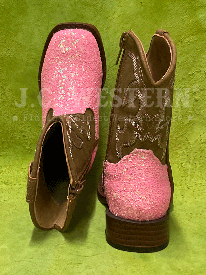 Roper 3377 Toddlers Glitter Sparkle Western Boots Pink outter side and inner side view with zipper. If you need any assistance with this item or the purchase of this item please call us at five six one seven four eight eight eight zero one Monday through Saturday 10:00a.m EST to 8:00 p.m EST