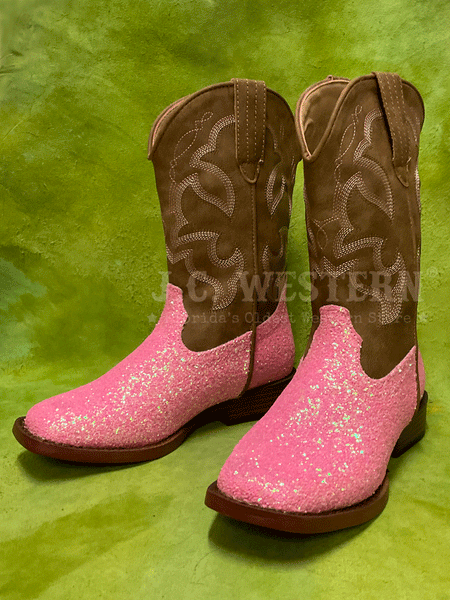 Roper 3377 Kids Glitter Sparkle Western Boots Pink front and side view. If you need any assistance with this item or the purchase of this item please call us at five six one seven four eight eight eight zero one Monday through Saturday 10:00a.m EST to 8:00 p.m EST