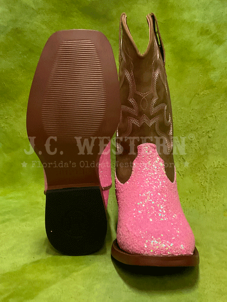 Roper 3377 Kids Glitter Sparkle Western Boots Pink front and sole view. If you need any assistance with this item or the purchase of this item please call us at five six one seven four eight eight eight zero one Monday through Saturday 10:00a.m EST to 8:00 p.m EST