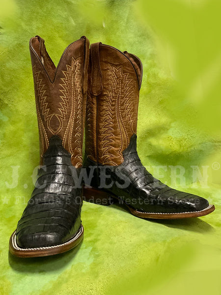 Circle G L6054 Mens Embroidery Wide Square Toe Caiman Boot Olive Green Ocher front and inner side view. If you need any assistance with this item or the purchase of this item please call us at five six one seven four eight eight eight zero one Monday through Saturday 10:00a.m EST to 8:00 p.m EST