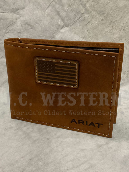 Ariat A3548544 Mens Bifold American Flag Patch Wallet Bark front view. If you need any assistance with this item or the purchase of this item please call us at five six one seven four eight eight eight zero one Monday through Saturday 10:00a.m EST to 8:00 p.m EST