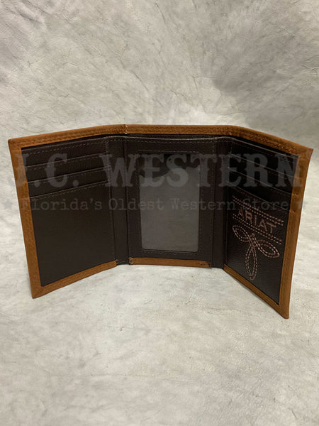 Ariat A3548144 Mens Trifold Embossed Logo Wallet Bark inside view. If you need any assistance with this item or the purchase of this item please call us at five six one seven four eight eight eight zero one Monday through Saturday 10:00a.m EST to 8:00 p.m EST