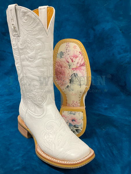 Tin Haul 14-021-0007-1513 Womens White Wedding Yes I Do Sole Square Toe Western Boot White front  and sole view. If you need any assistance with this item or the purchase of this item please call us at five six one seven four eight eight eight zero one Monday through Saturday 10:00a.m EST to 8:00 p.m EST