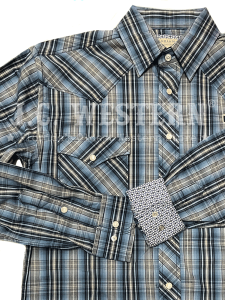 Panhandle RMN2S02804 Mens Long Sleeve Snap Plaid Western Shirt Navy front close up view of contrast cuff and pocket. If you need any assistance with this item or the purchase of this item please call us at five six one seven four eight eight eight zero one Monday through Saturday 10:00a.m EST to 8:00 p.m EST