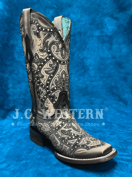 Corral C4046 Ladies Laser Embroidered And Studs Western Boot Black And Grey front and side view. If you need any assistance with this item or the purchase of this item please call us at five six one seven four eight eight eight zero one Monday through Saturday 10:00a.m EST to 8:00 p.m EST