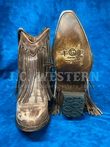 Circle G L6072 Ladies Brick Fringes Ankle Western Boot Brown front and sole view. If you need any assistance with this item or the purchase of this item please call us at five six one seven four eight eight eight zero one Monday through Saturday 10:00a.m EST to 8:00 p.m EST