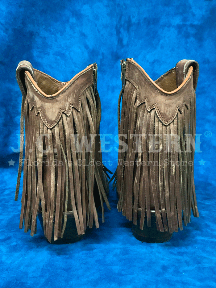 Circle G L6072 Ladies Brick Fringes Ankle Western Boot Brown front and side view. If you need any assistance with this item or the purchase of this item please call us at five six one seven four eight eight eight zero one Monday through Saturday 10:00a.m EST to 8:00 p.m EST