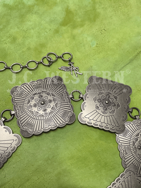 Angel Ranch D140004036 Ladies Square Concho Belt Silver close up view of conchos. If you need any assistance with this item or the purchase of this item please call us at five six one seven four eight eight eight zero one Monday through Saturday 10:00a.m EST to 8:00 p.m EST