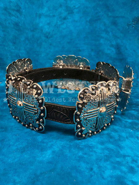 Angel Ranch DA3660 Ladies Silver Floral Square Concho Belt Black front view. If you need any assistance with this item or the purchase of this item please call us at five six one seven four eight eight eight zero one Monday through Saturday 10:00a.m EST to 8:00 p.m EST