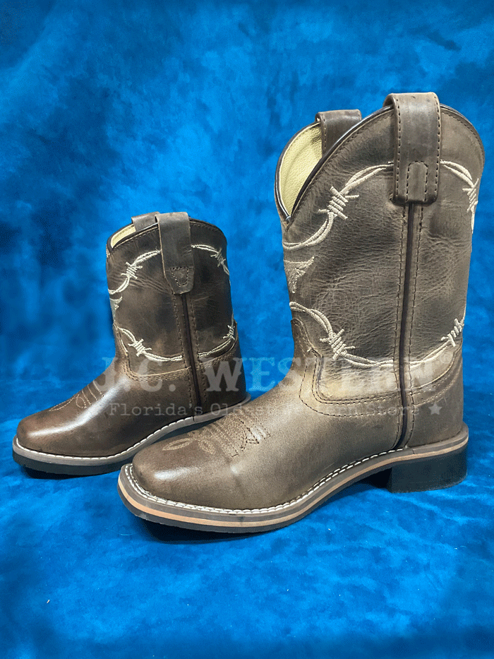 Smoky Mountain 3923 Kids Logan Western Boots Brown Waxed Distress front and side view of toddler and children style. If you need any assistance with this item or the purchase of this item please call us at five six one seven four eight eight eight zero one Monday through Saturday 10:00a.m EST to 8:00 p.m EST