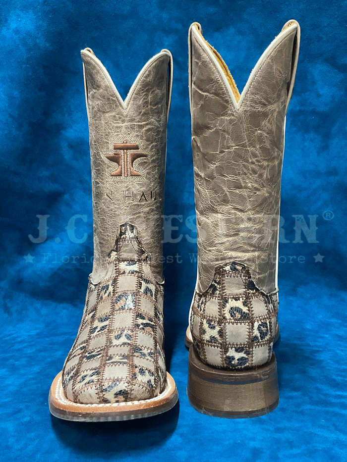 Tin Haul 14-021-0007-1512 Womens Chetah Chick Square Toe Western Boot Tan front side and sole view. If you need any assistance with this item or the purchase of this item please call us at five six one seven four eight eight eight zero one Monday through Saturday 10:00a.m EST to 8:00 p.m EST
