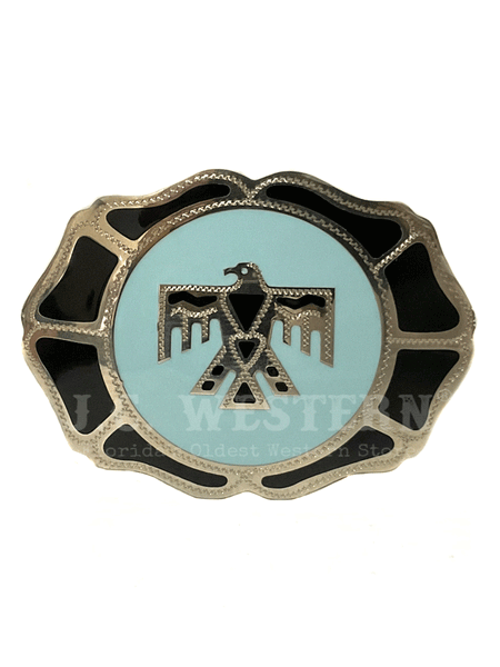 Colorado Silver Star 6804-LBB Wavy Oval Thunderbird Belt Buckle Teal and Black front view. If you need any assistance with this item or the purchase of this item please call us at five six one seven four eight eight eight zero one Monday through Saturday 10:00a.m EST to 8:00 p.m EST