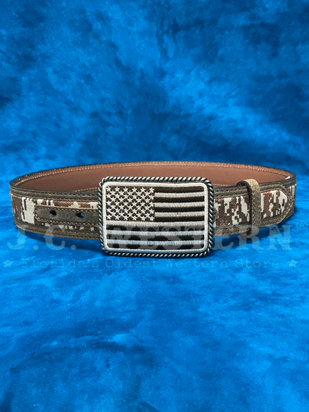 Ariat A1030844 Mens Digital Camo Belt With USA Flag Buckle Medium Brown front view. If you need any assistance with this item or the purchase of this item please call us at five six one seven four eight eight eight zero one Monday through Saturday 10:00a.m EST to 8:00 p.m EST