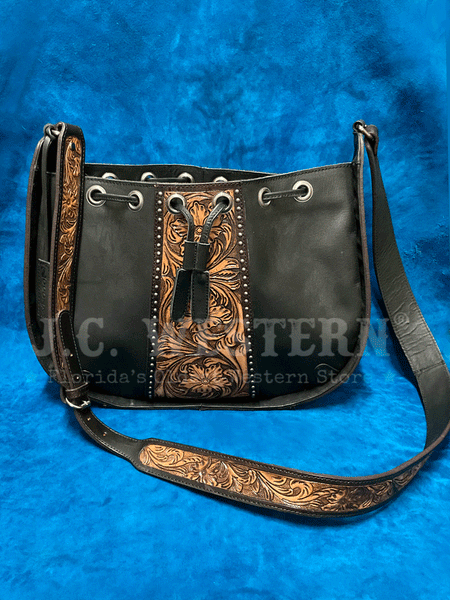 Nocona N770010501 Womens Stacey Style Conceal Carry Bucket Purse Black front view standing. If you need any assistance with this item or the purchase of this item please call us at five six one seven four eight eight eight zero one Monday through Saturday 10:00a.m EST to 8:00 p.m EST