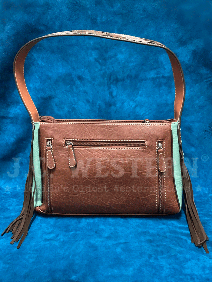 Nocona N770008302 Womens Conceal Carry Leopard Tooled Satchel Brown front view. If you need any assistance with this item or the purchase of this item please call us at five six one seven four eight eight eight zero one Monday through Saturday 10:00a.m EST to 8:00 p.m EST
