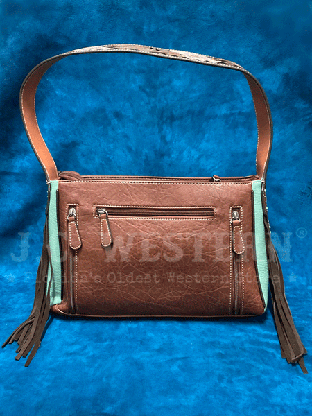 Nocona N770008302 Womens Conceal Carry Leopard Tooled Satchel Brown back view. If you need any assistance with this item or the purchase of this item please call us at five six one seven four eight eight eight zero one Monday through Saturday 10:00a.m EST to 8:00 p.m EST