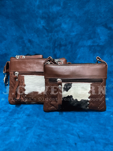 American West 4385884 Ladies Cowtown Trail Rider Crossbody Hip Bag Brown front view of different hair on patterns. If you need any assistance with this item or the purchase of this item please call us at five six one seven four eight eight eight zero one Monday through Saturday 10:00a.m EST to 8:00 p.m EST