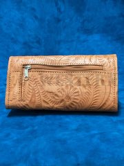 American West 1515282 Ladies Tri-Fold Wallet Tan back view. If you need any assistance with this item or the purchase of this item please call us at five six one seven four eight eight eight zero one Monday through Saturday 10:00a.m EST to 8:00 p.m EST