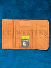 American West 1515282 Ladies Tri-Fold Wallet Tan inside open view. If you need any assistance with this item or the purchase of this item please call us at five six one seven four eight eight eight zero one Monday through Saturday 10:00a.m EST to 8:00 p.m EST