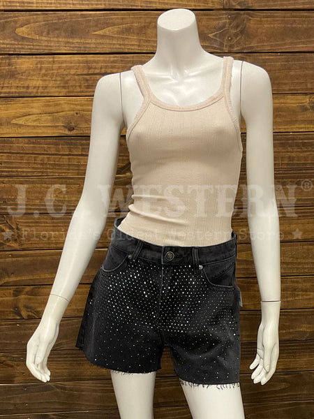 Rock & Roll Denim BW68D03553 Womens Studded Shorts Black front view. If you need any assistance with this item or the purchase of this item please call us at five six one seven four eight eight eight zero one Monday through Saturday 10:00a.m EST to 8:00 p.m EST