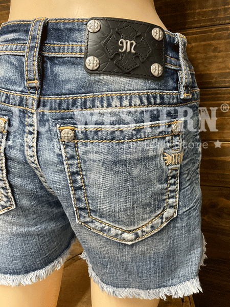 Miss Me M3636H91 Womens Mid-Rise Short Vintage Blue close up of back view. If you need any assistance with this item or the purchase of this item please call us at five six one seven four eight eight eight zero one Monday through Saturday 10:00a.m EST to 8:00 p.m EST