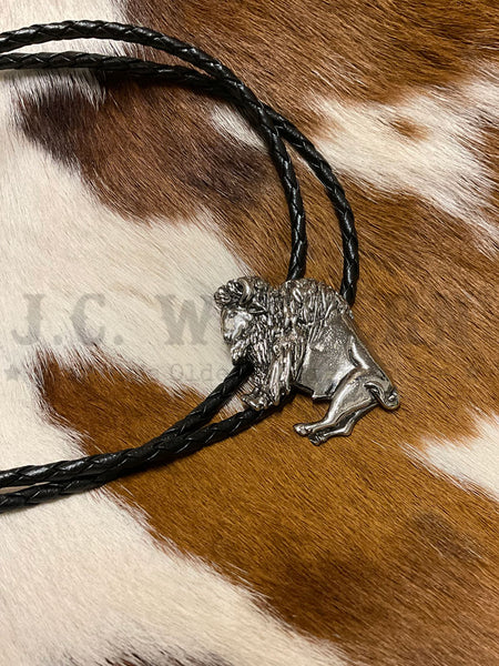 Fashionwest 2421 Bison Western Bolo Tie Silver close up. If you need any assistance with this item or the purchase of this item please call us at five six one seven four eight eight eight zero one Monday through Saturday 10:00a.m EST to 8:00 p.m EST