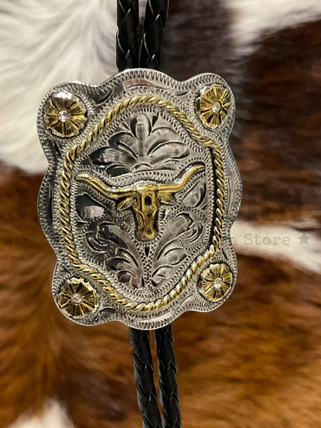 Fashionwest AC80P Long Horn Western Bolo Tie Gold And Silver close up. If you need any assistance with this item or the purchase of this item please call us at five six one seven four eight eight eight zero one Monday through Saturday 10:00a.m EST to 8:00 p.m EST