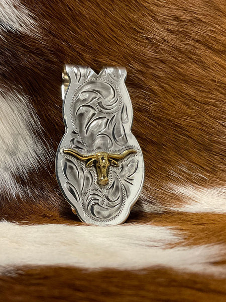Fashionwest MC-01P Long Horn Western Money Clip Gold And Silver front view. If you need any assistance with this item or the purchase of this item please call us at five six one seven four eight eight eight zero one Monday through Saturday 10:00a.m EST to 8:00 p.m EST