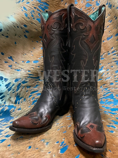 Corral F1352 Ladies Embroidery And Studs Side Zipper Boot Black Cognac front and side view. If you need any assistance with this item or the purchase of this item please call us at five six one seven four eight eight eight zero one Monday through Saturday 10:00a.m EST to 8:00 p.m EST