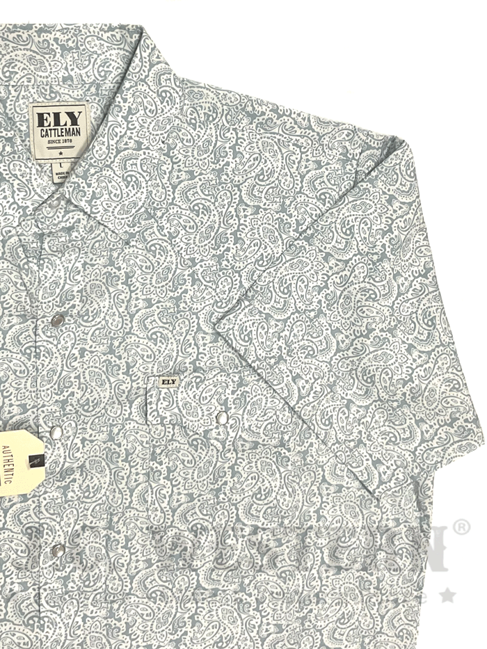 Ely Cattleman 2023098-BL Mens Short Sleeve Paisley Print Western Shirt Light Blue front view. If you need any assistance with this item or the purchase of this item please call us at five six one seven four eight eight eight zero one Monday through Saturday 10:00a.m EST to 8:00 p.m EST