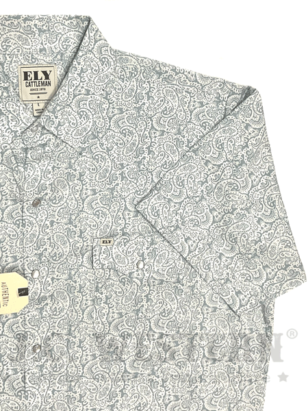Ely Cattleman 2023098-BL Mens Short Sleeve Paisley Print Western Shirt Light Blue close up view of fabric and front. If you need any assistance with this item or the purchase of this item please call us at five six one seven four eight eight eight zero one Monday through Saturday 10:00a.m EST to 8:00 p.m EST