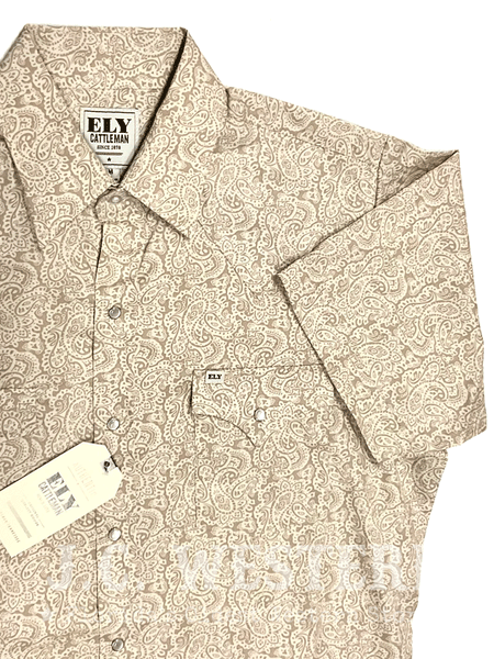 Ely Cattleman 2023098-KA Mens Short Sleeve Paisley Print Western Shirt Khaki front close up view. If you need any assistance with this item or the purchase of this item please call us at five six one seven four eight eight eight zero one Monday through Saturday 10:00a.m EST to 8:00 p.m EST