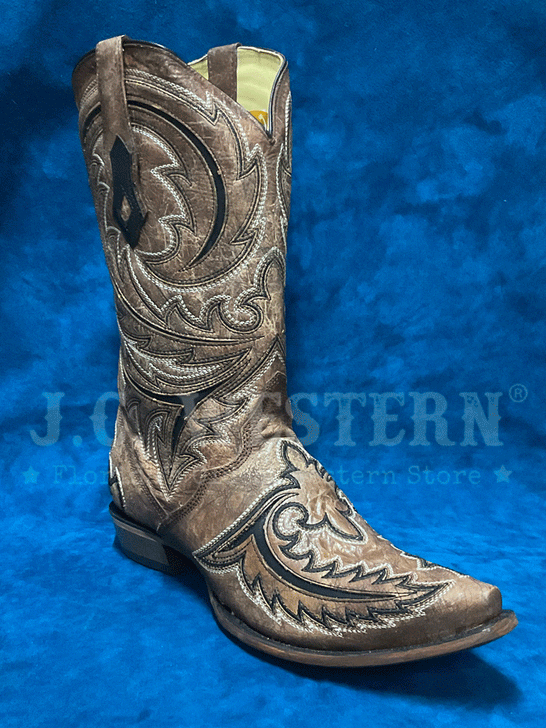 Corral C4075 Mens Inlay Embroidery Triad Western Boots Brown front and side view. If you need any assistance with this item or the purchase of this item please call us at five six one seven four eight eight eight zero one Monday through Saturday 10:00a.m EST to 8:00 p.m EST