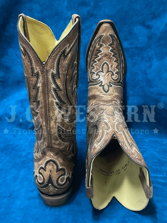 Corral C4075 Mens Inlay Embroidery Triad Western Boots Brown back and toe view. If you need any assistance with this item or the purchase of this item please call us at five six one seven four eight eight eight zero one Monday through Saturday 10:00a.m EST to 8:00 p.m EST