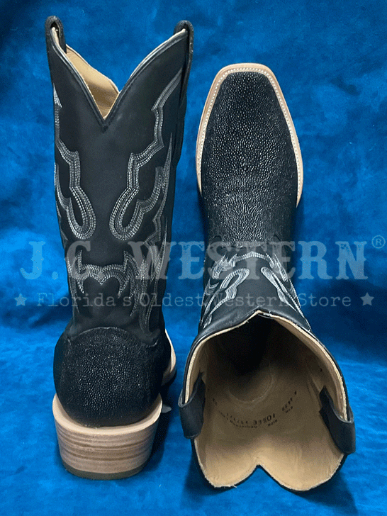Corral A4423 Mens Stingray Embroidery Horseman Toe Boot Black back and toe view from above. If you need any assistance with this item or the purchase of this item please call us at five six one seven four eight eight eight zero one Monday through Saturday 10:00a.m EST to 8:00 p.m EST