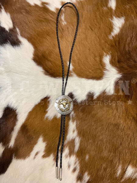 Fashionwest 2406 Long Horn Western Bolo Tie Gold And Silver front view. If you need any assistance with this item or the purchase of this item please call us at five six one seven four eight eight eight zero one Monday through Saturday 10:00a.m EST to 8:00 p.m EST