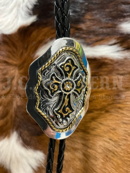 Fashionwest AC69G Cross On Shield Western Bolo Tie Gold And Silver close up. If you need any assistance with this item or the purchase of this item please call us at five six one seven four eight eight eight zero one Monday through Saturday 10:00a.m EST to 8:00 p.m EST