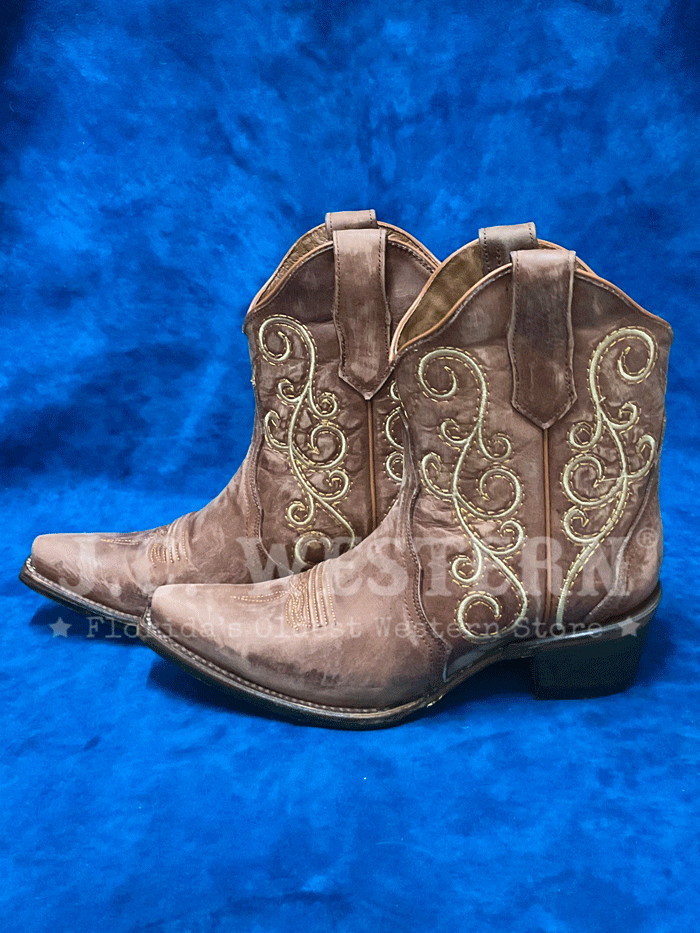 Circle G L6070 Ladies Embroidery Triad Ankle Boot Copper front and side view. If you need any assistance with this item or the purchase of this item please call us at five six one seven four eight eight eight zero one Monday through Saturday 10:00a.m EST to 8:00 p.m EST