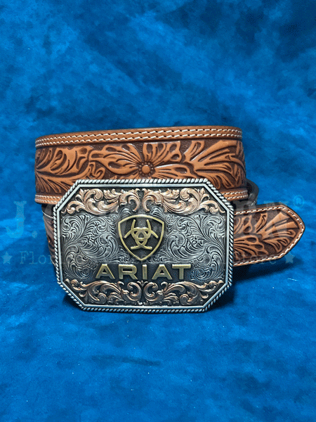Ariat A1042208 Mens Floral Embossed Tapered Leather Belt With Buckle Tan front view. If you need any assistance with this item or the purchase of this item please call us at five six one seven four eight eight eight zero one Monday through Saturday 10:00a.m EST to 8:00 p.m EST