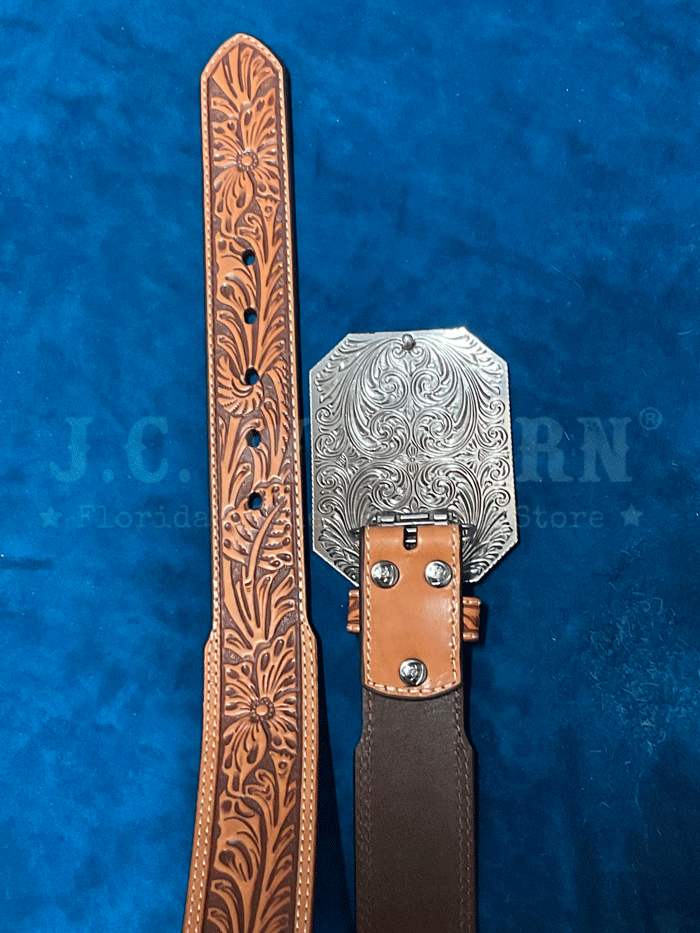Ariat A1042208 Mens Floral Embossed Tapered Leather Belt With Buckle Tan front view. If you need any assistance with this item or the purchase of this item please call us at five six one seven four eight eight eight zero one Monday through Saturday 10:00a.m EST to 8:00 p.m EST