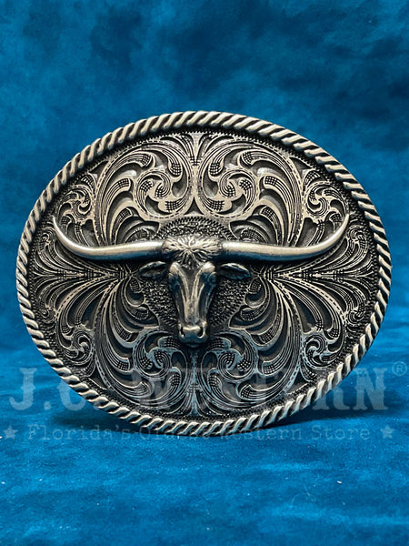 Montana Silversmiths 61028 Oval Longhorn Classic Antiqued Attitude Belt Buckle Silver ffront view. If you need any assistance with this item or the purchase of this item please call us at five six one seven four eight eight eight zero one Monday through Saturday 10:00a.m EST to 8:00 p.m EST