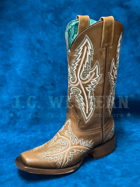 Corral B5008 Ladies Floral Embroidery Square Toe Western Boot Golden Tan front and side view. If you need any assistance with this item or the purchase of this item please call us at five six one seven four eight eight eight zero one Monday through Saturday 10:00a.m EST to 8:00 p.m EST