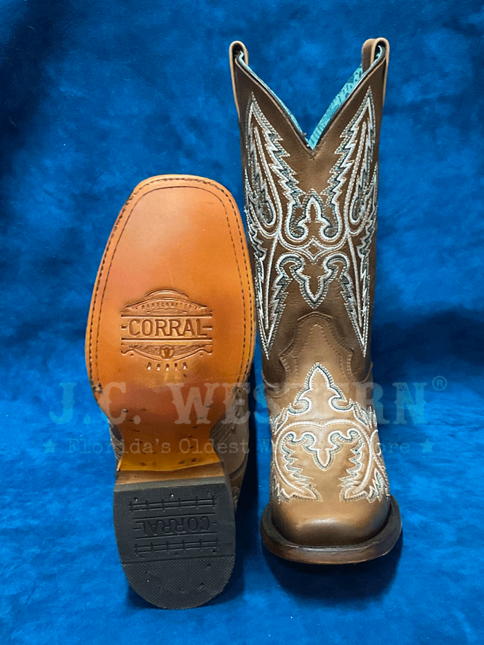 Corral B5008 Ladies Floral Embroidery Square Toe Western Boot Golden Tan front and side view. If you need any assistance with this item or the purchase of this item please call us at five six one seven four eight eight eight zero one Monday through Saturday 10:00a.m EST to 8:00 p.m EST