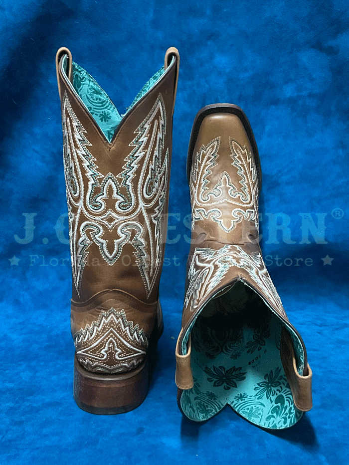 Corral B5008 Ladies Floral Embroidery Square Toe Western Boot Golden Tan front and side view. If you need any assistance with this item or the purchase of this item please call us at five six one seven four eight eight eight zero one Monday through Saturday 10:00a.m EST to 8:00 p.m EST