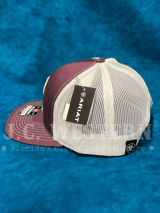 Ariat A300012609 Mens R112 Snapback Embroidery Cap Burgundy side view. If you need any assistance with this item or the purchase of this item please call us at five six one seven four eight eight eight zero one Monday through Saturday 10:00a.m EST to 8:00 p.m EST