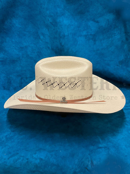 Ariat A73292 30X Shantung Straw Hat Natural side view. If you need any assistance with this item or the purchase of this item please call us at five six one seven four eight eight eight zero one Monday through Saturday 10:00a.m EST to 8:00 p.m EST