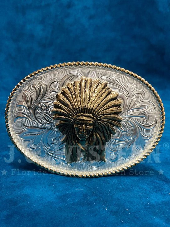 Montana Silversmiths 1256-904 Chief Western Buckle Silver front view. If you need any assistance with this item or the purchase of this item please call us at five six one seven four eight eight eight zero one Monday through Saturday 10:00a.m EST to 8:00 p.m EST