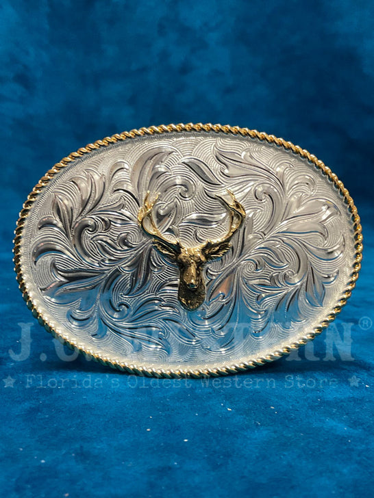 Montana Silversmiths 1256-274 Mule Deer Head Western Buckle Silver front view. If you need any assistance with this item or the purchase of this item please call us at five six one seven four eight eight eight zero one Monday through Saturday 10:00a.m EST to 8:00 p.m EST
