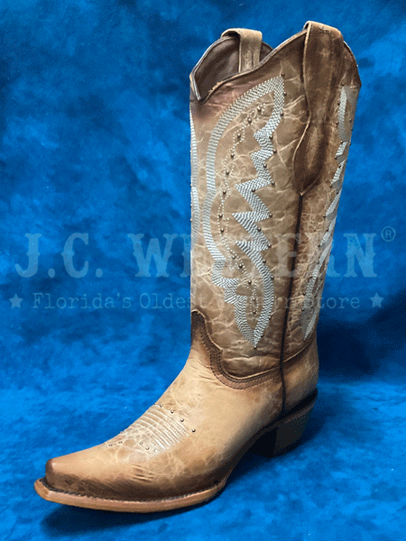 Circle G L2041 Ladies Embroidery And Studs Snip Toe Boot Brown front and side view. If you need any assistance with this item or the purchase of this item please call us at five six one seven four eight eight eight zero one Monday through Saturday 10:00a.m EST to 8:00 p.m EST